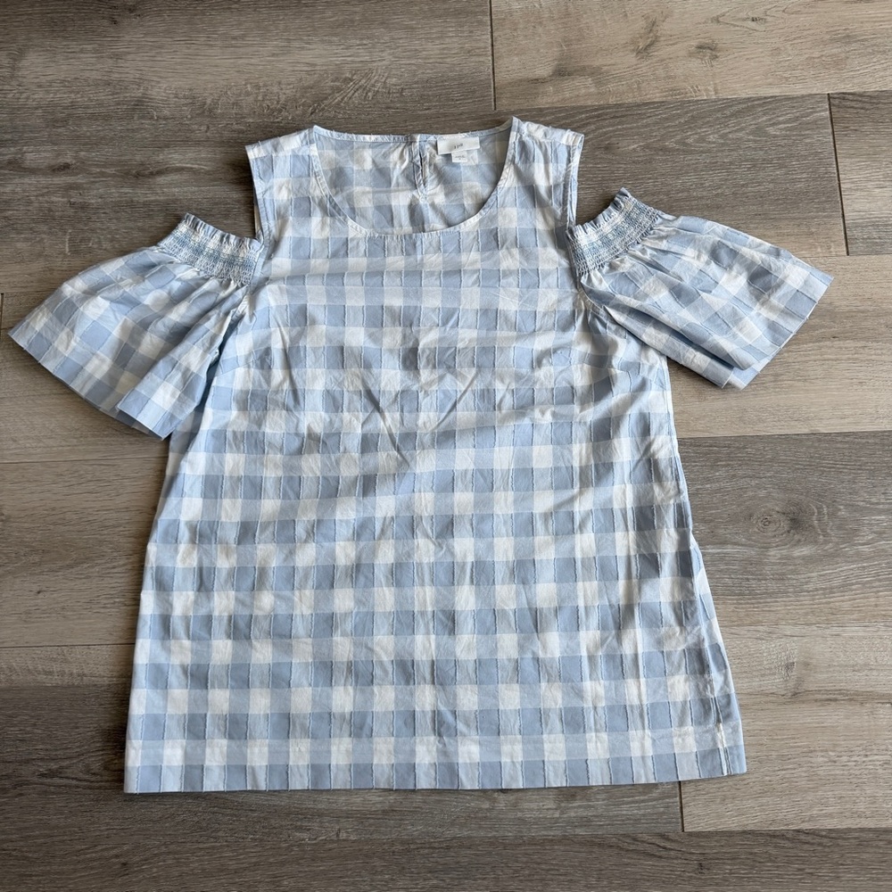 J. Jill Blue and White Gingham Cold-Shoulder Cottage Coastal Summer Blouse S